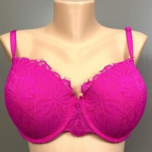 Victoria's Secret PINK Date Push Up Bra 36DDD Bright Pink Eyelash Lace Underwire